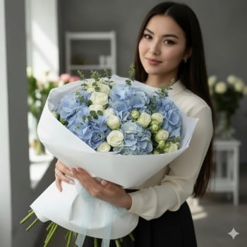 Букет из голубых гортензий итбелых роз Букет из голубых гортензий итбелых роз